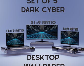 5 Dark Cyber Desktop Wallpapers, Neon Blue Tech PC Background, 3D Topographic Mac Screen Art, Minimalist Dark Mode Digital Download