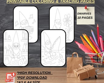 Dwarf Coloring Pages, Gnome Tracing Pack, Kids Drawing Practice (PDF Download)