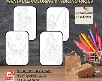 Astronaut Coloring and Tracing Pages for Kids, Outer Space Activity Pack (PDF Download)