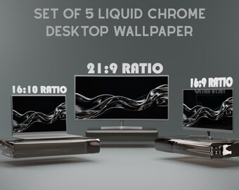 Liquid Chrome Desktop Wallpaper Set of 5, Abstract Metallic 3D PC Background, Dark Glossy Fluid Wave Ultrawide Monitor 4K Digital Download