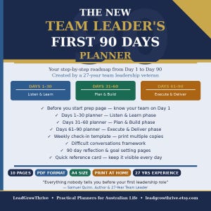 May include: A digital planner titled "The New Team Leader's First 90 Days Planner." The planner is designed to guide new team leaders through their first three months. It includes sections for listening, planning, and execution, with a quote from Samuel Quinn.