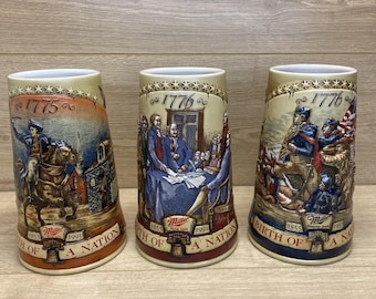 Miller High Life Birth Of A Nation 3pc Stein Set NOS Complete Series 7” 1991