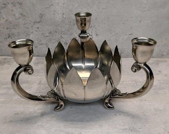 Vintage Silverplate Lotus Flower 3 Light Candelabra Taper Candle Holder Bowl