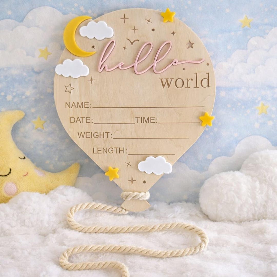 Baby Announcement Sign Hello World Balloon Birth Stats Newborn Photo ...