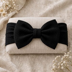Black Baby Bow Headband Nylon Stretch Soft Waffle Texture Newborn Toddler Girl Accessory