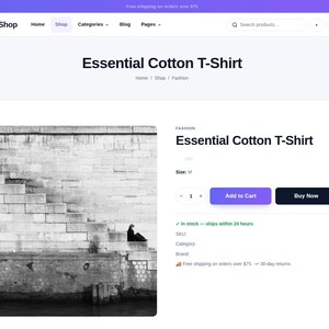 May include: A NovaShop e-commerce product page for an Essential Cotton T-Shirt. The page features a black and white photograph of stone steps along a waterfront, a size M selection menu, an Add to Cart button, and a Buy Now button.