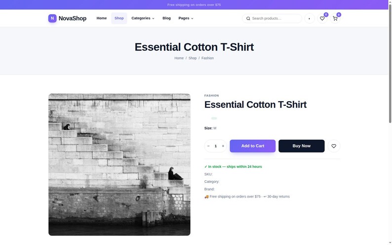 May include: A NovaShop e-commerce product page for an Essential Cotton T-Shirt. The page features a black and white photograph of stone steps along a waterfront, a size M selection menu, an Add to Cart button, and a Buy Now button.