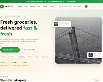 May include: A website interface for Fresh Kart featuring the text Fresh groceries, delivered fast & fresh. The page includes navigation menus, a search bar, and a large image of a suspension bridge with product cards for strawberries and avocados.