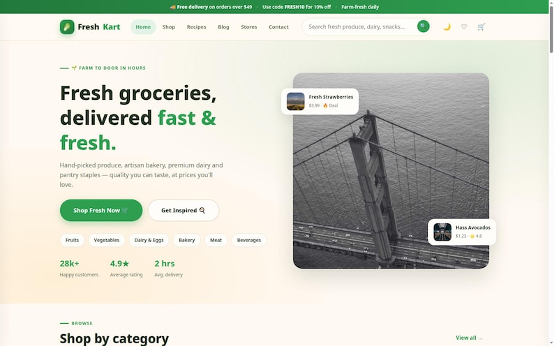 May include: A website interface for Fresh Kart featuring the text Fresh groceries, delivered fast & fresh. The page includes navigation menus, a search bar, and a large image of a suspension bridge with product cards for strawberries and avocados.