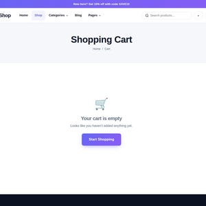 May include: A webpage interface for NovaShop displaying a Shopping Cart page. The screen shows a shopping cart icon, the text Your cart is empty, Looks like you haven't added anything yet, and a purple Start Shopping button.