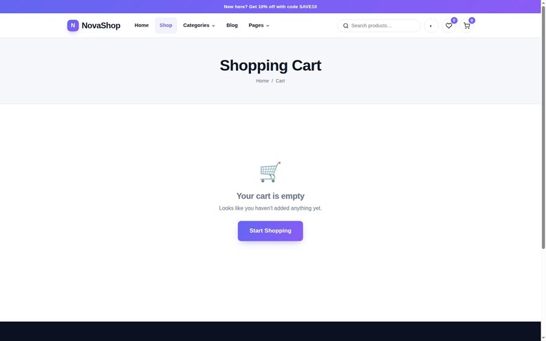 May include: A webpage interface for NovaShop displaying a Shopping Cart page. The screen shows a shopping cart icon, the text Your cart is empty, Looks like you haven't added anything yet, and a purple Start Shopping button.