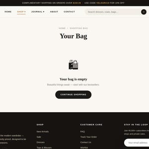 May include: A website interface for Veloura showing an empty shopping bag page. The screen displays the text Your Bag, an icon of two shopping bags, the phrase Your bag is empty, and a black button labeled CONTINUE SHOPPING.