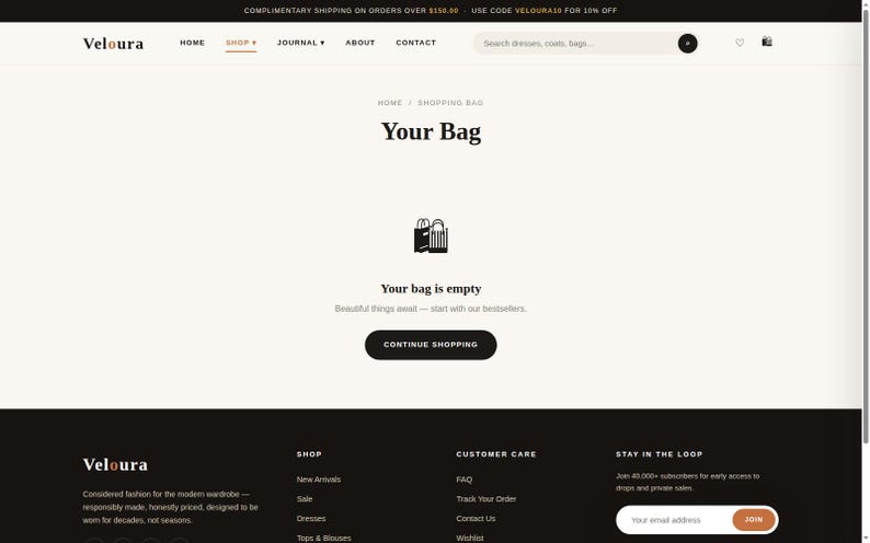 May include: A website interface for Veloura showing an empty shopping bag page. The screen displays the text Your Bag, an icon of two shopping bags, the phrase Your bag is empty, and a black button labeled CONTINUE SHOPPING.
