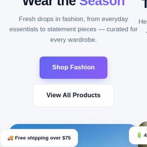 May include: A NovaShop website interface featuring a header with a logo, a search icon, and a heart icon. The main section displays the text New Collection 2026, Wear the Season, and two buttons labeled Shop Fashion and View All Products.