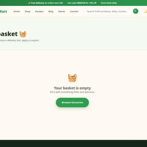 May include: A webpage for Fresh Kart showing an empty shopping basket. The page features a green logo, a navigation menu, a search bar, and a central icon of a woven basket above the text Your basket is empty. A green button labeled Browse Groceries is centered below the text.