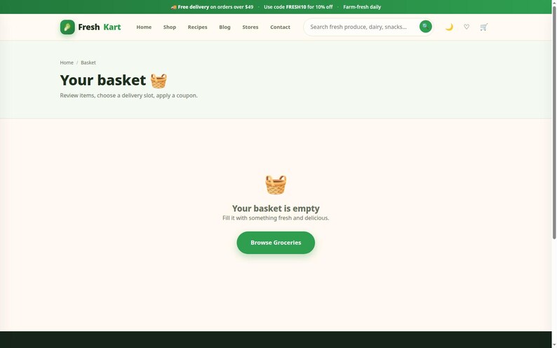 May include: A webpage for Fresh Kart showing an empty shopping basket. The page features a green logo, a navigation menu, a search bar, and a central icon of a woven basket above the text Your basket is empty. A green button labeled Browse Groceries is centered below the text.