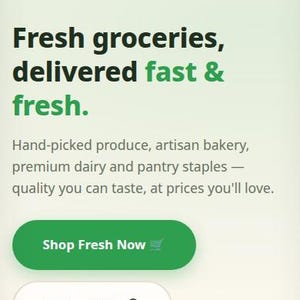 May include: A mobile app interface for Fresh Kart featuring a green logo, navigation menu, and search bar. The screen displays text: Fresh groceries, delivered fast & fresh. Includes buttons labeled Shop Fresh Now and Get Inspired, plus category tags.