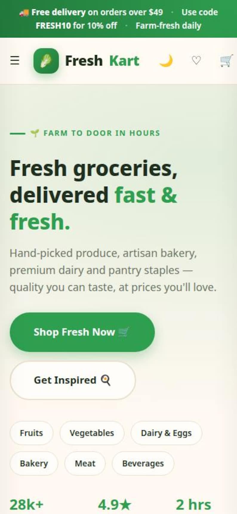 May include: A mobile app interface for Fresh Kart featuring a green logo, navigation menu, and search bar. The screen displays text: Fresh groceries, delivered fast & fresh. Includes buttons labeled Shop Fresh Now and Get Inspired, plus category tags.