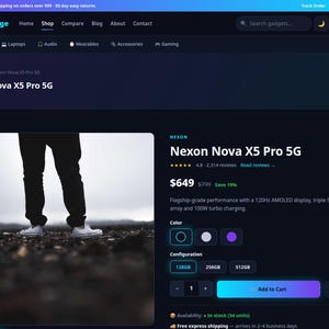 Op de afbeelding: Een productpagina voor de Nexon Nova X5 Pro 5G smartphone op de VoltEdge website. De pagina toont de productnaam, een prijs van $649, een 120Hz AMOLED-scherm, een drievoudige 50MP camera-array, 100W opladen en kleur- en opslagopties.