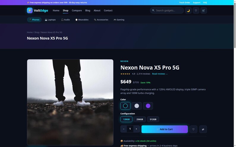 Op de afbeelding: Een productpagina voor de Nexon Nova X5 Pro 5G smartphone op de VoltEdge website. De pagina toont de productnaam, een prijs van $649, een 120Hz AMOLED-scherm, een drievoudige 50MP camera-array, 100W opladen en kleur- en opslagopties.