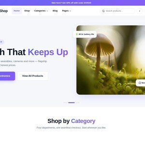 May include: A NovaShop e-commerce website interface featuring a navigation bar, a hero section with a Tech That Keeps Up heading, a mushroom image with 40-hr battery life and noise cancelling labels, and a Shop by Category section.