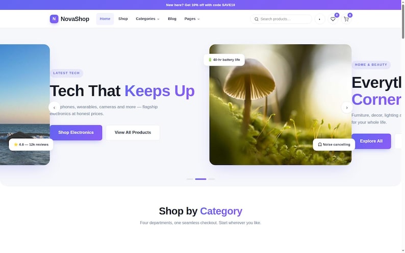 May include: A NovaShop e-commerce website interface featuring a navigation bar, a hero section with a Tech That Keeps Up heading, a mushroom image with 40-hr battery life and noise cancelling labels, and a Shop by Category section.