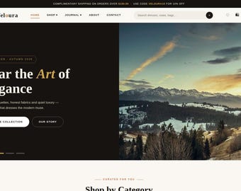 May include: A website homepage for Veloura featuring a black background with the text Wear the Art of Elegance, New Season Autumn 2024, and Shop the Collection. To the right is a landscape photograph of snow-capped mountains at sunset.