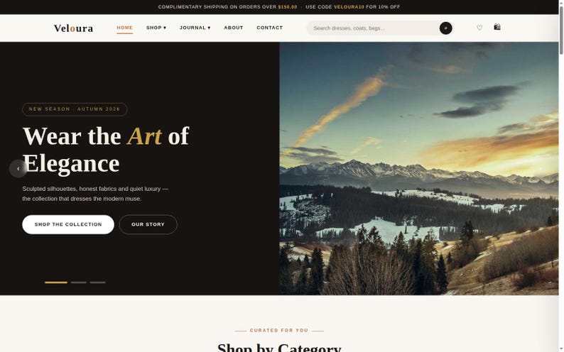 May include: A website homepage for Veloura featuring a black background with the text Wear the Art of Elegance, New Season Autumn 2024, and Shop the Collection. To the right is a landscape photograph of snow-capped mountains at sunset.