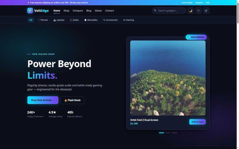 May include: A dark-themed e-commerce website interface for VoltEdge featuring a navigation bar, a hero section with the text Power Beyond Limits, and a product card for the Orbit Fold Z Dual-Screen displaying a forest and water landscape.