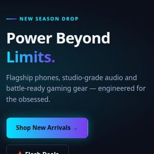 Op de afbeelding: Een donker vormgegeven e-commerce website-interface voor VoltEdge met een navigatiebalk, een hoofdsectie met de tekst Power Beyond Limits, categorie-iconen voor telefoons, laptops en audio, en knoppen voor nieuwe aankomsten.