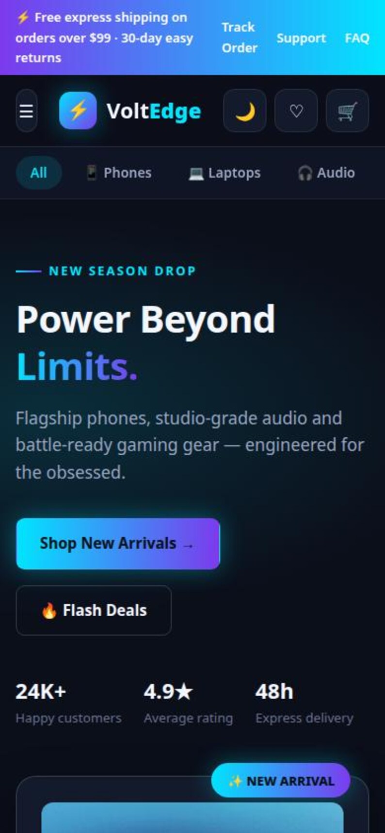 Op de afbeelding: Een donker vormgegeven e-commerce website-interface voor VoltEdge met een navigatiebalk, een hoofdsectie met de tekst Power Beyond Limits, categorie-iconen voor telefoons, laptops en audio, en knoppen voor nieuwe aankomsten.