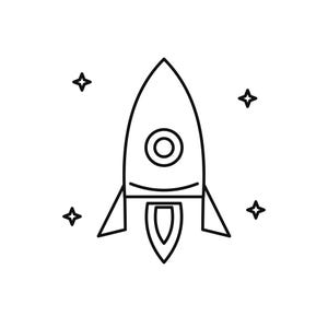 May include: A black and white line art illustration of a rocket ship featuring a circular window, pointed nose cone, two side fins, and a central exhaust flame, surrounded by four small four-pointed stars on a plain white background.