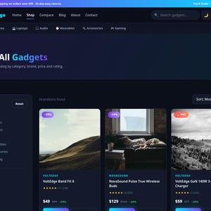 Op de afbeelding: Een donkergekleurde e-commerce website-interface voor VoltEdge met een navigatiebalk, een zijbalk met categoriefilters en een productraster met items zoals de VoltEdge Band Fit 6, NovaSound Pulse True Wireless Buds en een GaN 140W 3-poorts oplader.