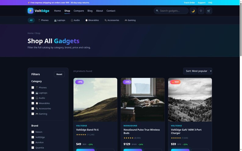 Op de afbeelding: Een donkergekleurde e-commerce website-interface voor VoltEdge met een navigatiebalk, een zijbalk met categoriefilters en een productraster met items zoals de VoltEdge Band Fit 6, NovaSound Pulse True Wireless Buds en een GaN 140W 3-poorts oplader.