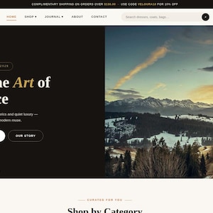 May include: A website homepage for Veloura featuring a black background with the text Wear the Art of Elegance, New Season Autumn 2024, and Shop the Collection. To the right is a landscape photograph of snow-capped mountains at sunset.