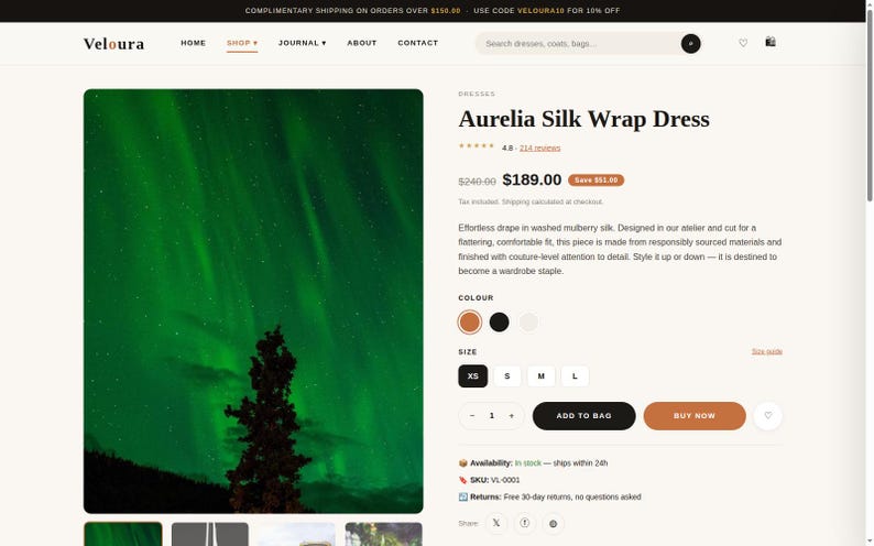 May include: A product page for the Aurelia Silk Wrap Dress by Veloura, featuring a large image of the aurora borealis, product title, price of $189.00, color selection options, size buttons from XS to L, and Add to Bag and Buy Now buttons.