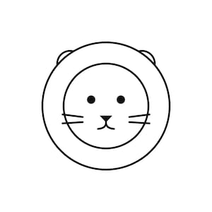 May include: A black and white line drawing of a lion face. The design features a circular mane surrounding a round face with two solid black circular eyes, a small triangular nose, a simple mouth, and three horizontal whiskers on each side.