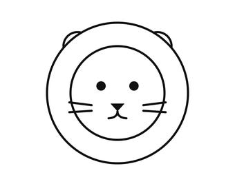 May include: A black and white line drawing of a lion face. The design features a circular mane surrounding a round face with two solid black circular eyes, a small triangular nose, a simple mouth, and three horizontal whiskers on each side.