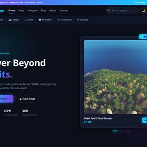 Op de afbeelding: Een donker vormgegeven e-commerce website-interface voor VoltEdge met een navigatiebalk, een hero-sectie met de tekst Power Beyond Limits en een productkaart voor de Orbit Fold Z Dual-Screen met een bos- en waterlandschap.