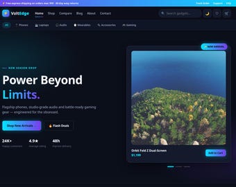 May include: A dark-themed e-commerce website interface for VoltEdge featuring a navigation bar, a hero section with the text Power Beyond Limits, and a product card for the Orbit Fold Z Dual-Screen displaying a forest and water landscape.