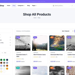 May include: A NovaShop e-commerce website interface displaying a Shop All Products page with a sidebar filter menu, navigation bar, and a grid of product cards featuring images, titles, star ratings, and prices for various fashion items.
