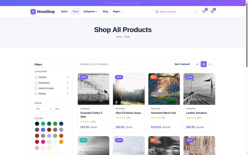 May include: A NovaShop e-commerce website interface displaying a Shop All Products page with a sidebar filter menu, navigation bar, and a grid of product cards featuring images, titles, star ratings, and prices for various fashion items.