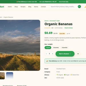 May include: A webpage for Fresh Kart displaying Organic Bananas with a product image of a golden field under a cloudy sky. The page includes the product title, a 4.8-star rating, a price of $0.69 per lb, and an Add to Basket button.