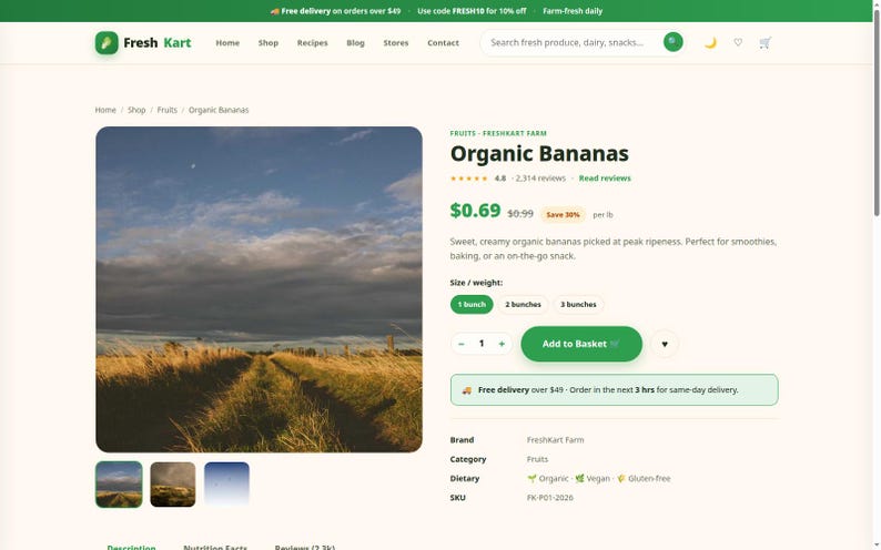 May include: A webpage for Fresh Kart displaying Organic Bananas with a product image of a golden field under a cloudy sky. The page includes the product title, a 4.8-star rating, a price of $0.69 per lb, and an Add to Basket button.