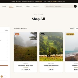 May include: A website interface for Veloura featuring a Shop All page with a sidebar for filters including category, price, and color. Three product cards are displayed, showcasing the Aurelia Silk Wrap Dress, Sienna Linen Midi Dress, and Noir Slip Dress with images, titles, and prices.