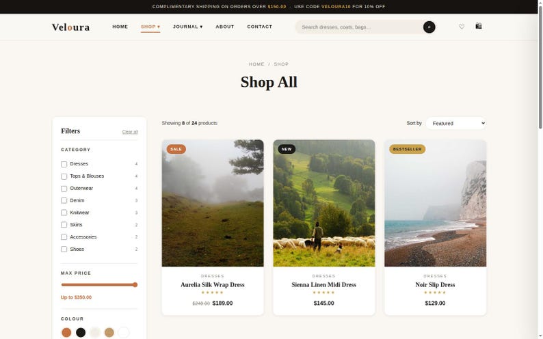 May include: A website interface for Veloura featuring a Shop All page with a sidebar for filters including category, price, and color. Three product cards are displayed, showcasing the Aurelia Silk Wrap Dress, Sienna Linen Midi Dress, and Noir Slip Dress with images, titles, and prices.