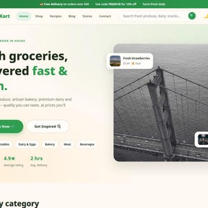 May include: A website interface for Fresh Kart featuring the text Fresh groceries, delivered fast & fresh. The page includes navigation menus, a search bar, and a large image of a suspension bridge with product cards for strawberries and avocados.