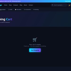 Op de afbeelding: Een e-commerce website-interface met een donker thema voor VoltEdge die een winkelwagenpagina weergeeft. Het scherm toont een winkelwagenpictogram, de tekst Your cart is empty en een blauwe Start Shopping-knop.