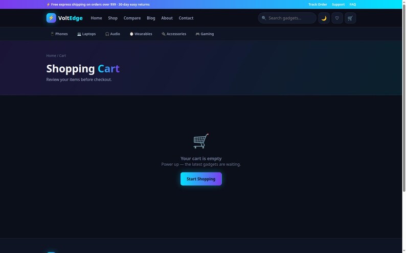 Op de afbeelding: Een e-commerce website-interface met een donker thema voor VoltEdge die een winkelwagenpagina weergeeft. Het scherm toont een winkelwagenpictogram, de tekst Your cart is empty en een blauwe Start Shopping-knop.