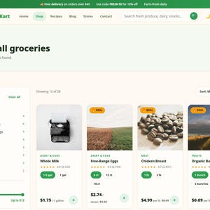 May include: A web interface for Fresh Kart showing a grocery shop page with a sidebar filter menu, a search bar, and product cards for Whole Milk, Free-Range Eggs, Chicken Breast, and Organic Bananas with pricing and ratings.